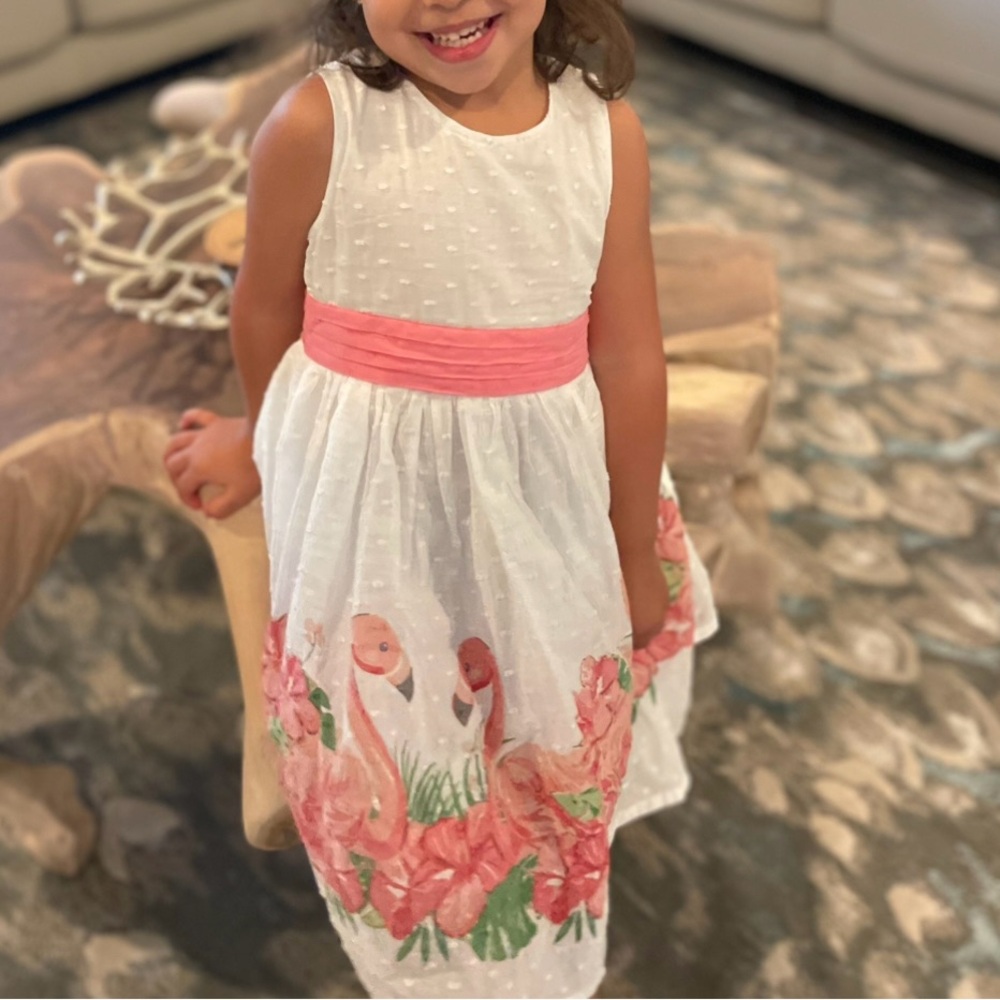 White and Pink Kids Dress with Flamingo Design